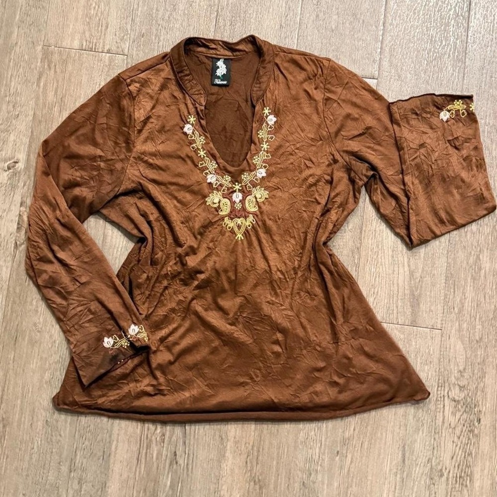 Vintage 2000s Y2K boho brown long‎ sleeve top with gold embroidery size large